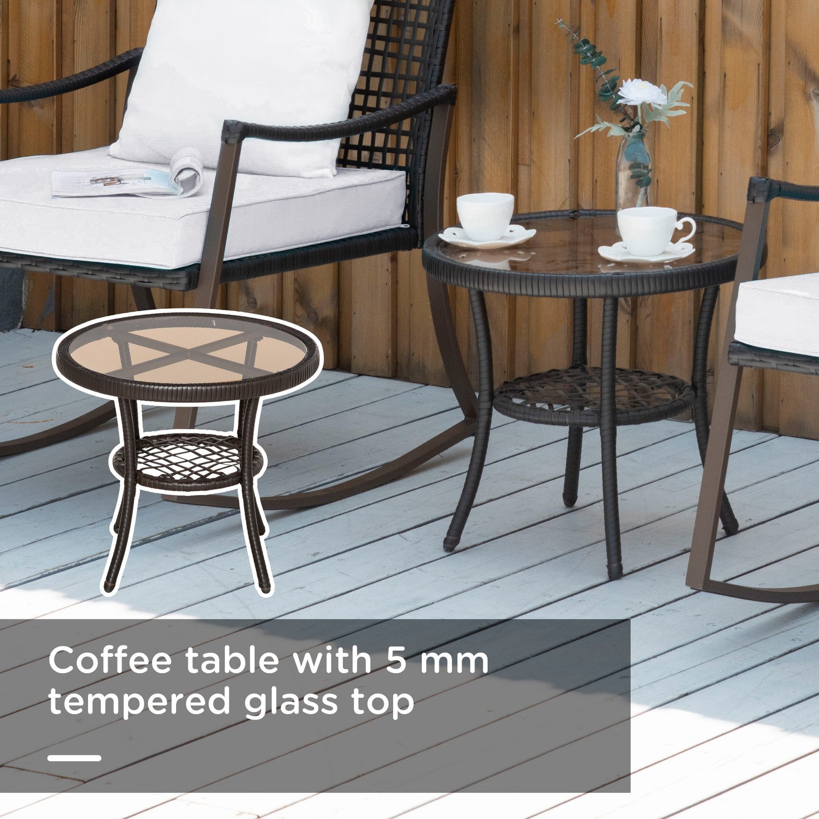 3 Pieces Rocking Chair Bistro Set Furniture Coffee Table Rattan Wicker Brown