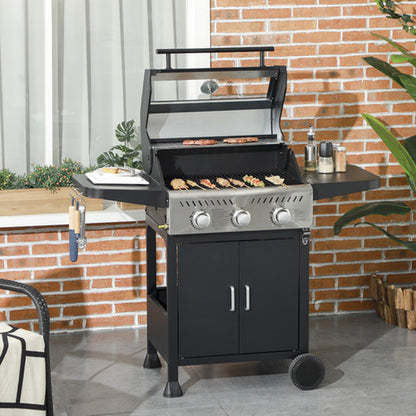 3 Burner Gas BBQ Trolley with See-Through Lid, 9 Kw Propane Gas Barbecue, Black