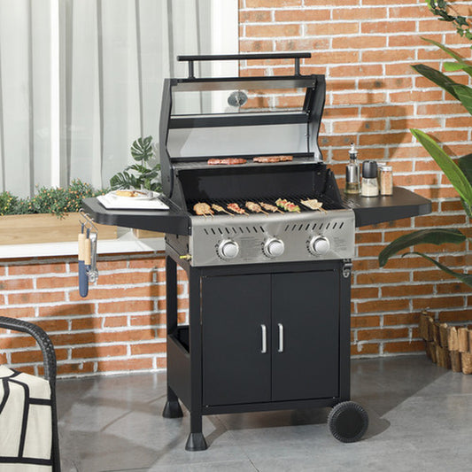 3 Burner Gas BBQ Trolley with See-Through Lid, 9 Kw Propane Gas Barbecue, Black