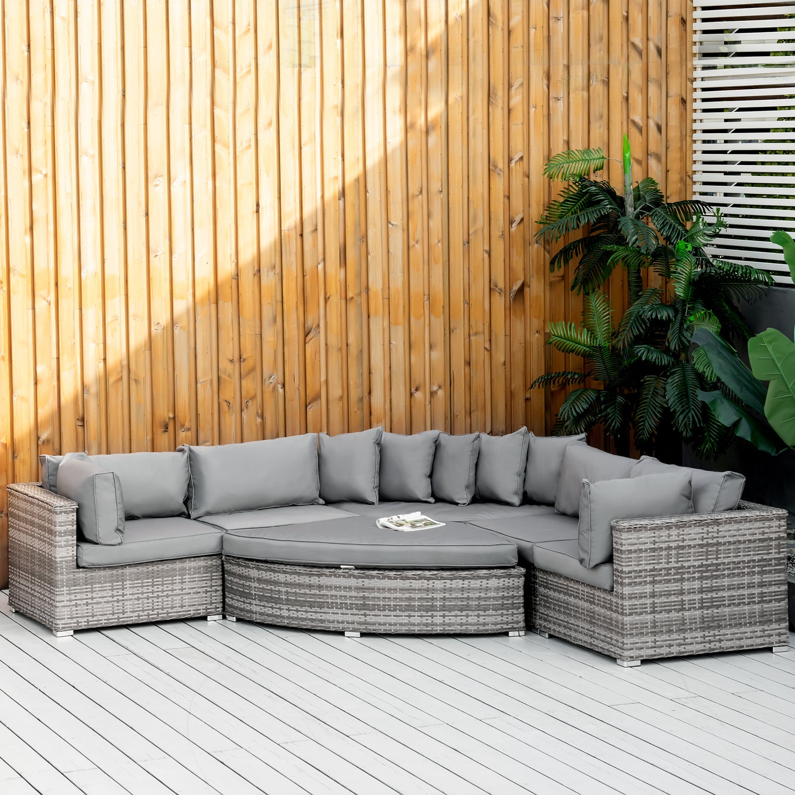 6 Pcs Outdoor Rattan Sofa Set Half round Conversation Set W/ Cushions Pillows