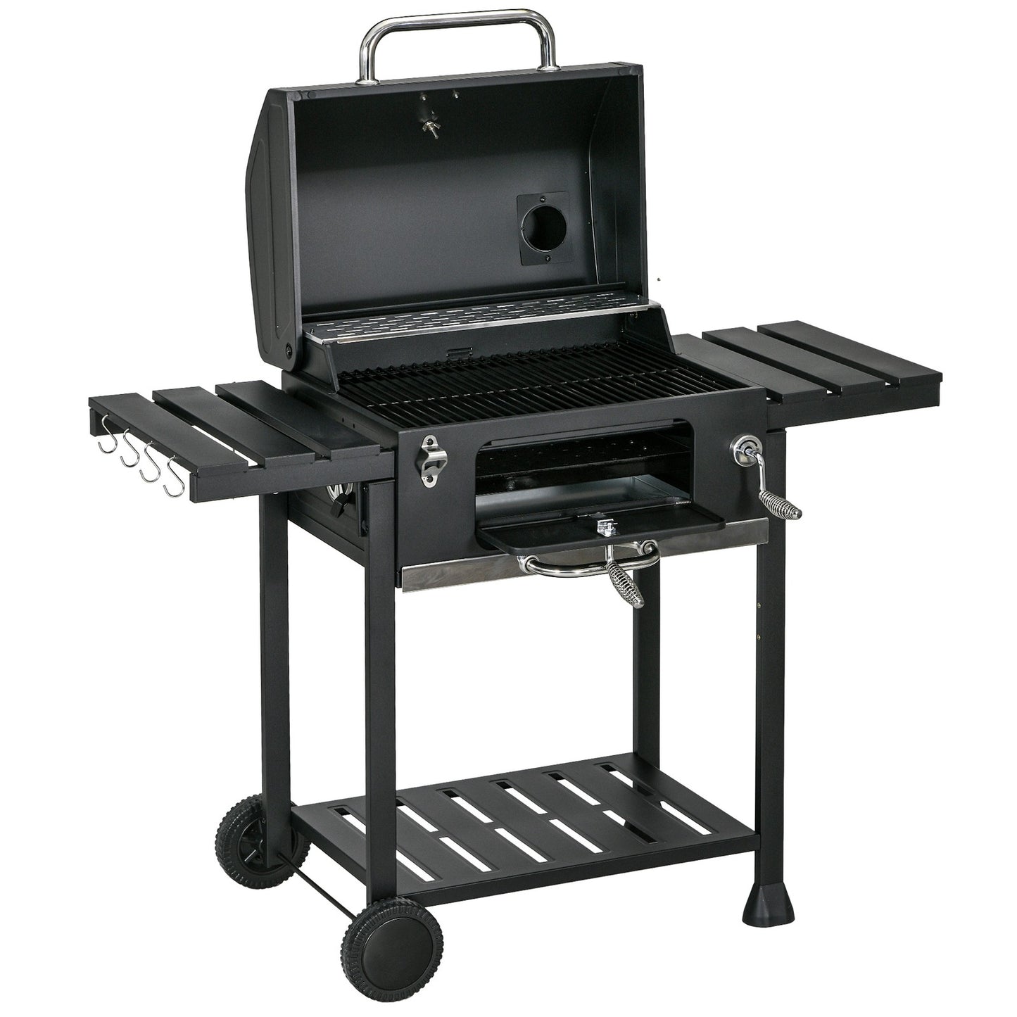 Charcoal BBQ Grill Smoker Trolley with Shelves, Bottle Opener and Wheels