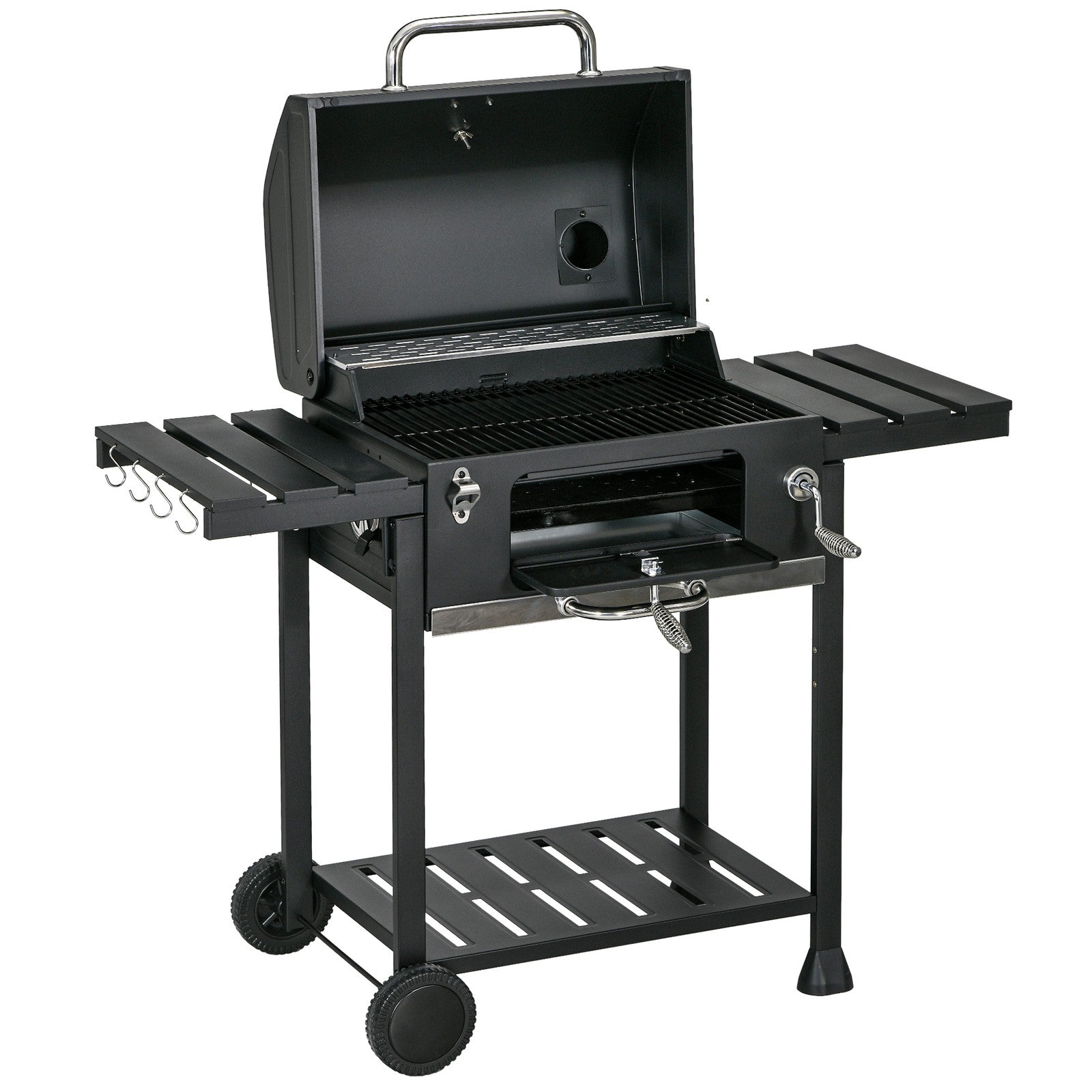 Charcoal BBQ Grill Smoker Trolley with Shelves, Bottle Opener and Wheels