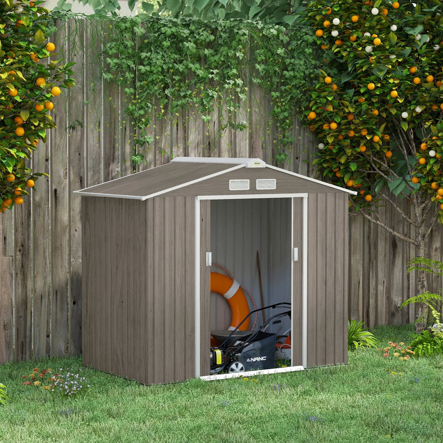 7 X 4Ft Garden Shed Storage with Locking Door and Foundation Kit, Light Brown