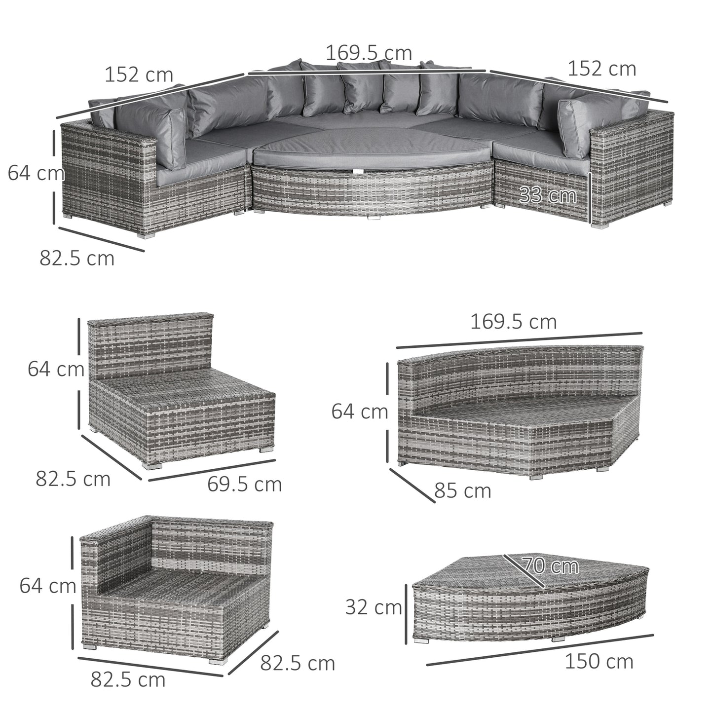 6 Pcs Outdoor Rattan Sofa Set Half round Conversation Set W/ Cushions Pillows