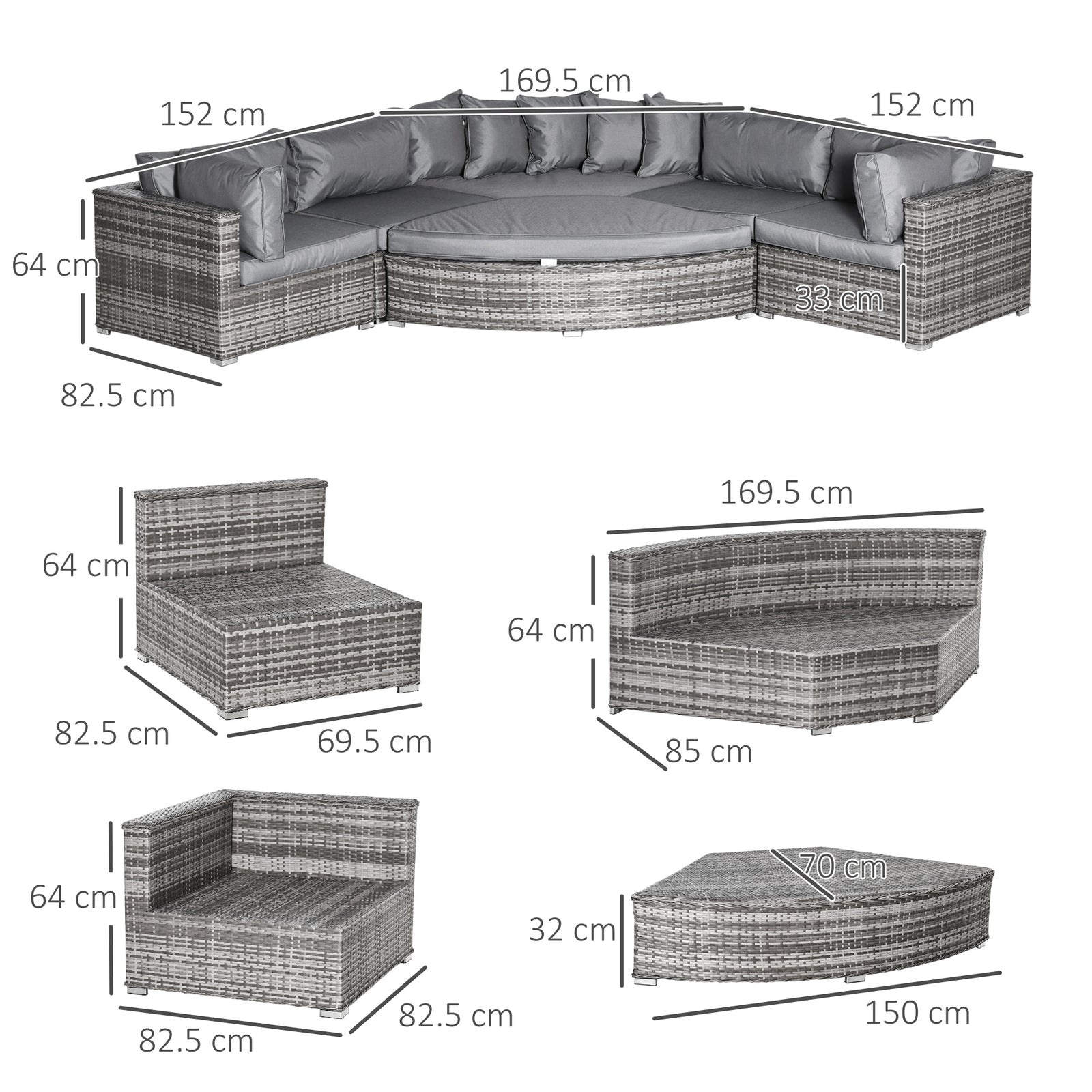 6 Pcs Outdoor Rattan Sofa Set Half round Conversation Set W/ Cushions Pillows