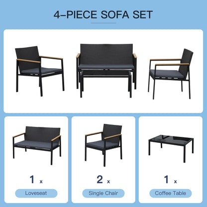 4 Pcs PE Rattan Furniture Set W/ 3 Cushioned Chairs Glass Tabletop Table, Black