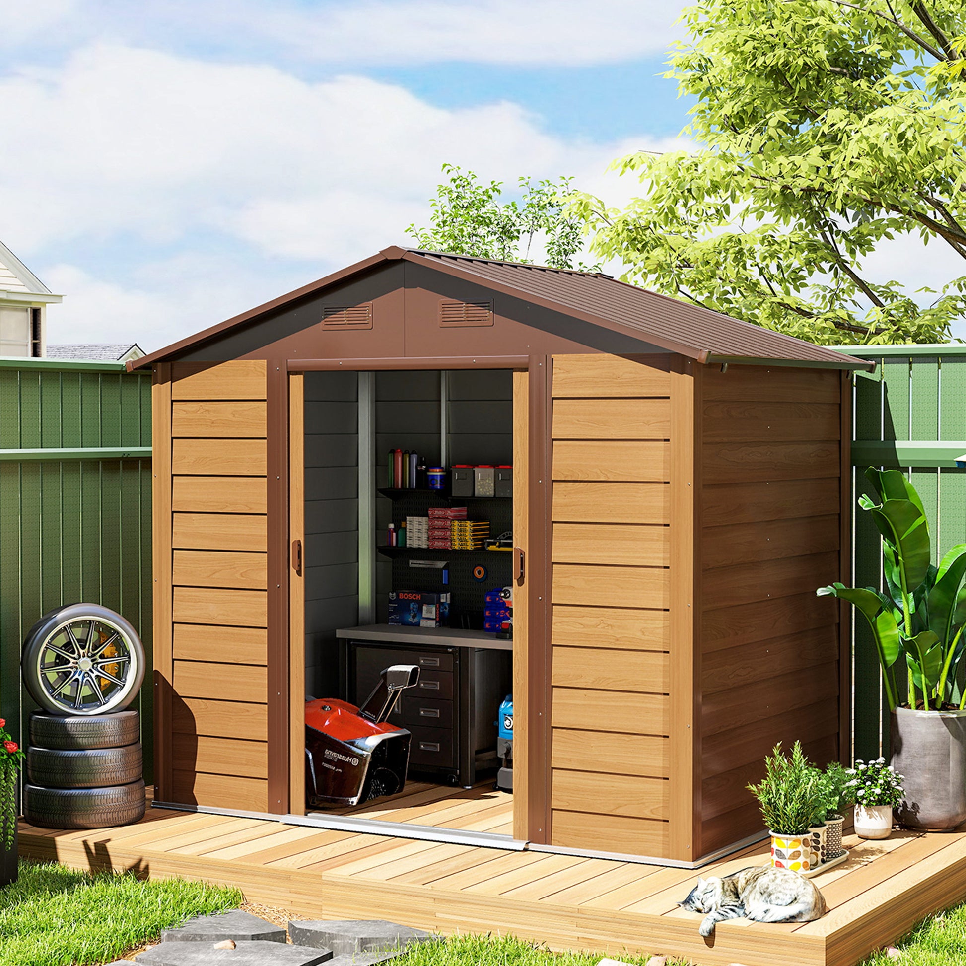 Garden Shed Tool Storage Overlap Construction Sliding Door Brown Wood Grain