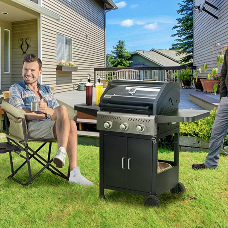 3 Burner Gas BBQ Trolley with See-Through Lid, 9 Kw Propane Gas Barbecue, Black