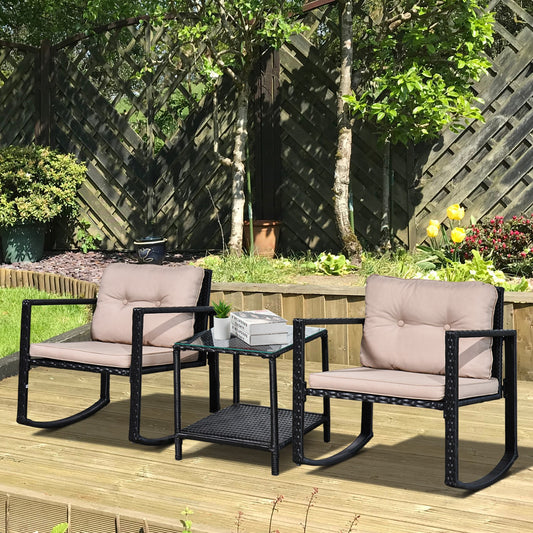 3Pcs Rattan Rocking Set Patio Bistro Table Chairs Conversation W/ Cushion