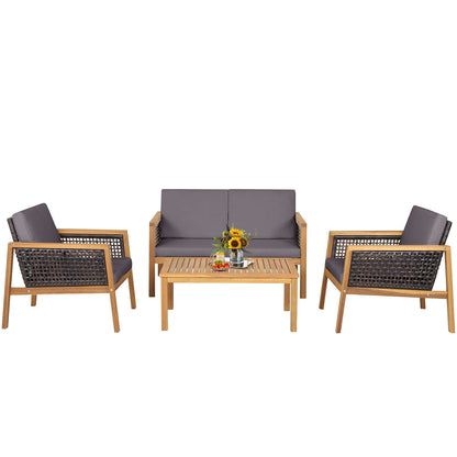 4-Piece Patio Acacia Wood Furniture Set with Removable Cushions