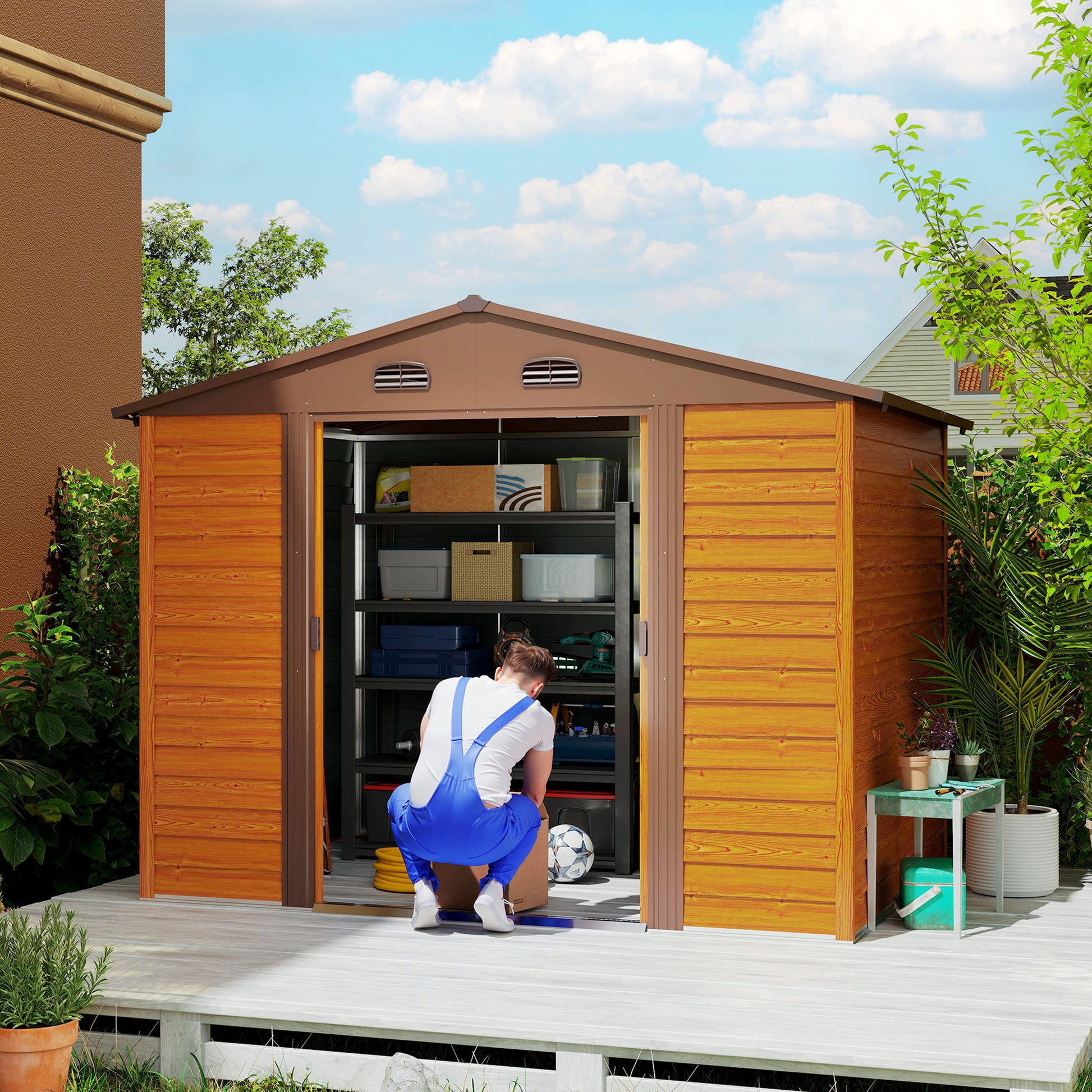 Garden Shed Tool Storage Overlap Construction Sliding Door Brown Wood Grain
