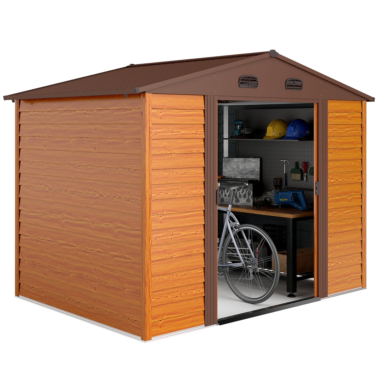 Garden Shed Tool Storage Overlap Construction Sliding Door Brown Wood Grain