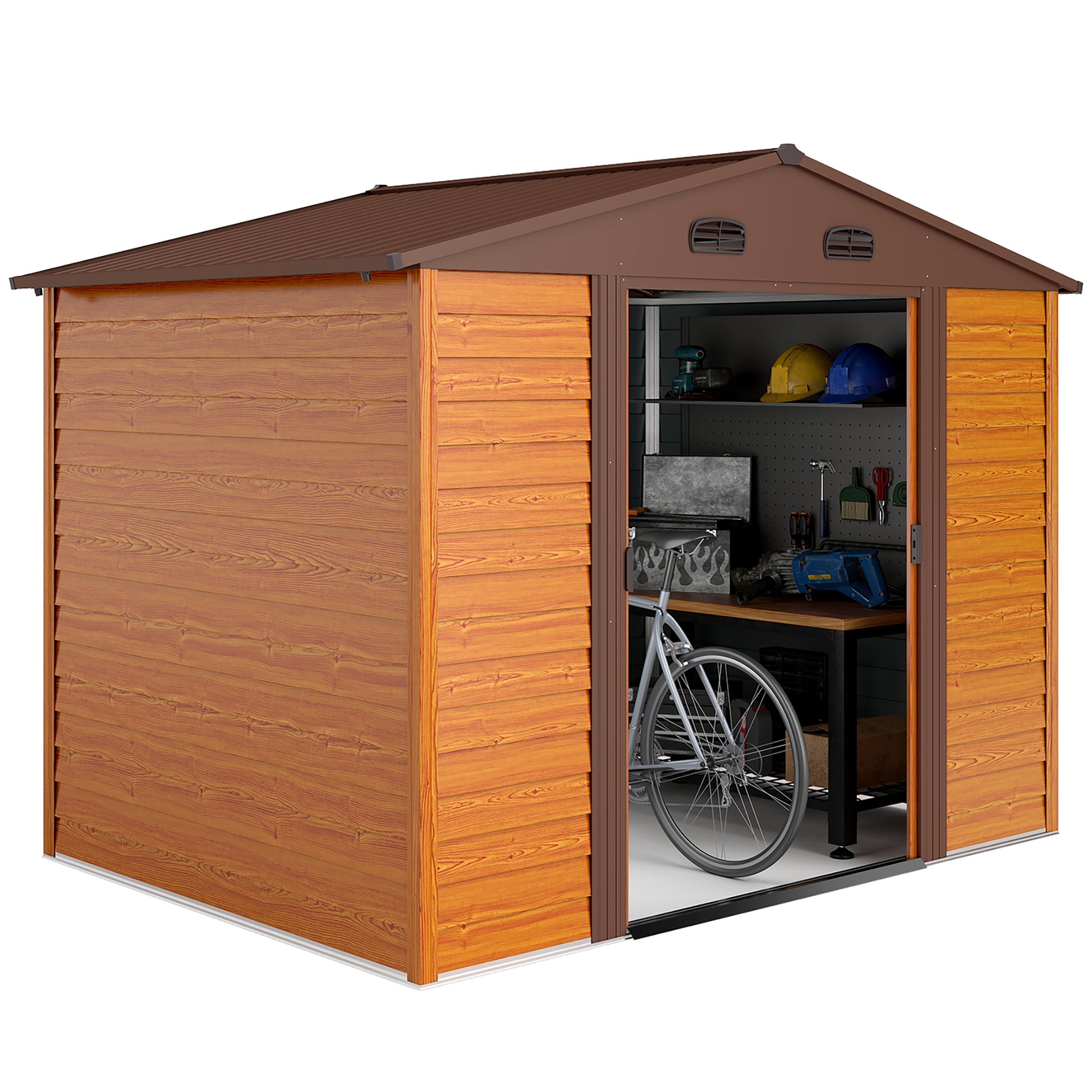 Garden Shed Tool Storage Overlap Construction Sliding Door Brown Wood Grain