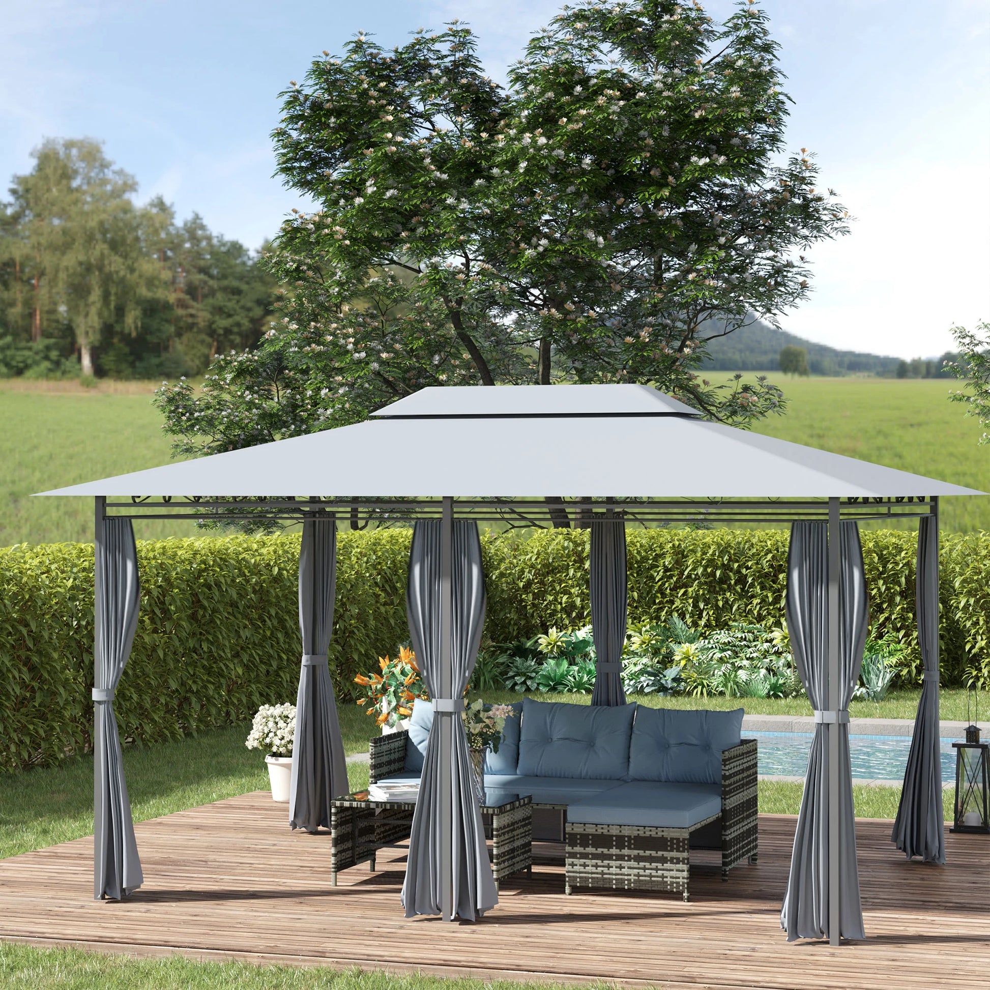 4M X 3(M)Garden Gazebo, Double Roof Outdoor Gazebo Canopy Shelter with Curtains, Solid Steel Frame