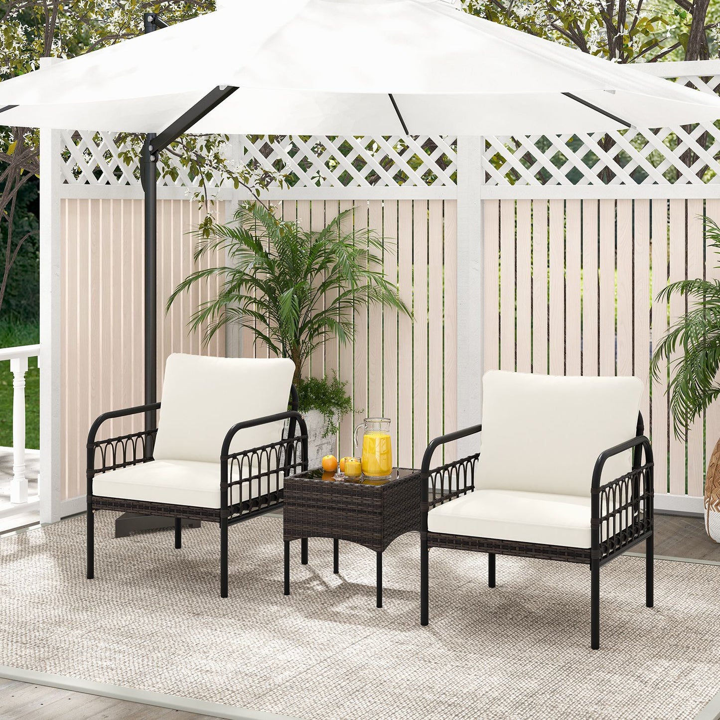 3 Pieces Patio Wicker Furniture Set with Cushioned Chairs and Tempered Glass Coffee Table