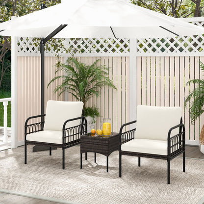 3 Pieces Patio Wicker Furniture Set with Cushioned Chairs and Tempered Glass Coffee Table