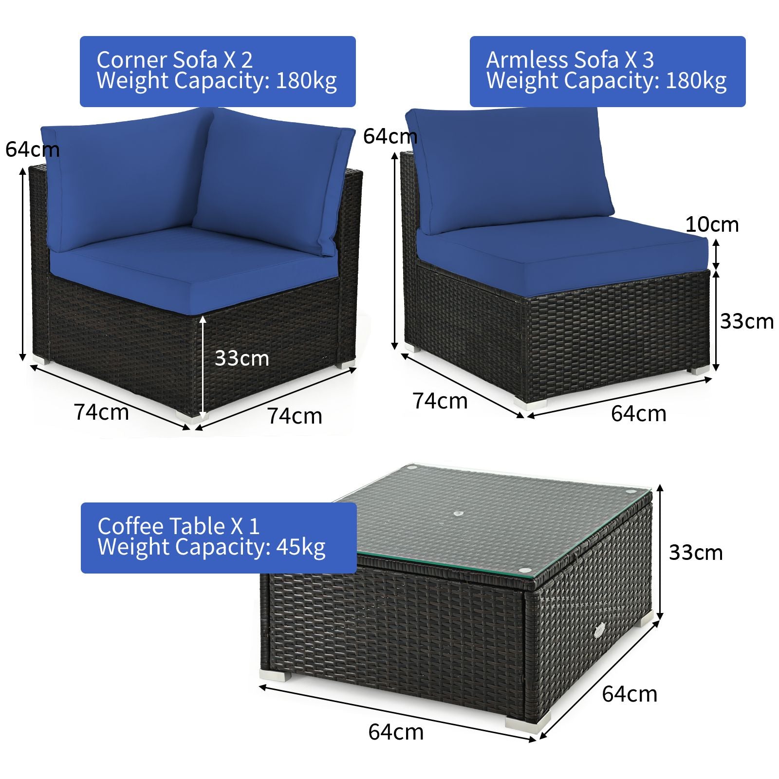 6 Piece Outdoor Rattan Sofa Set with Soft Seat and Back Cushions