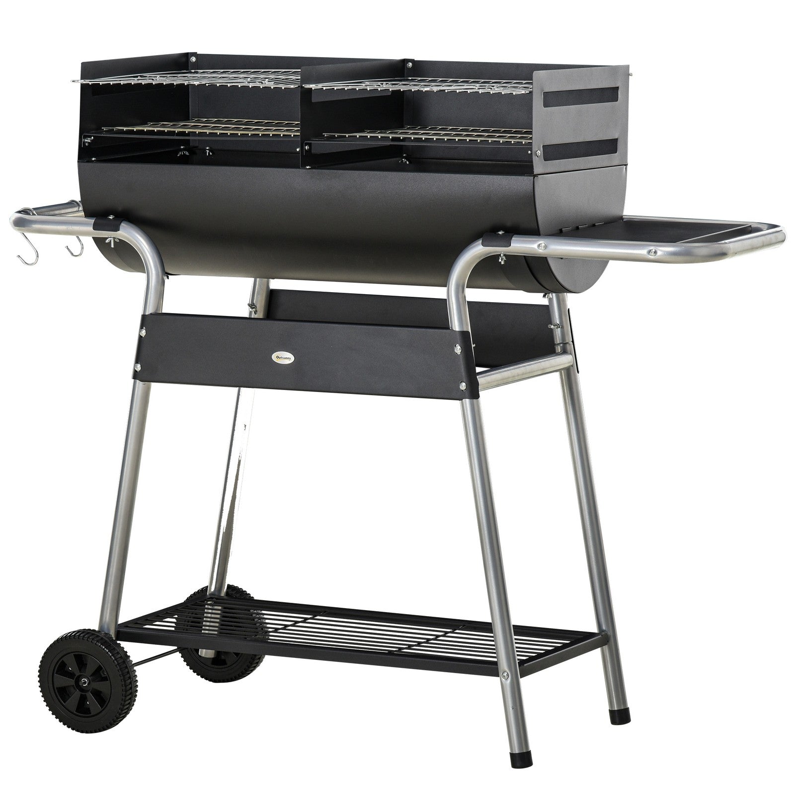 Charcoal Barbecue Grill Trolley with Double Grill, Side Table and Storage Shelf