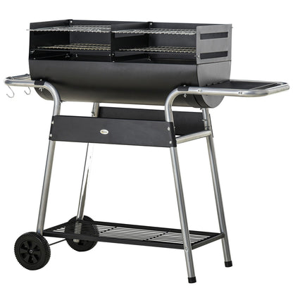 Charcoal Barbecue Grill Trolley with Double Grill, Side Table and Storage Shelf