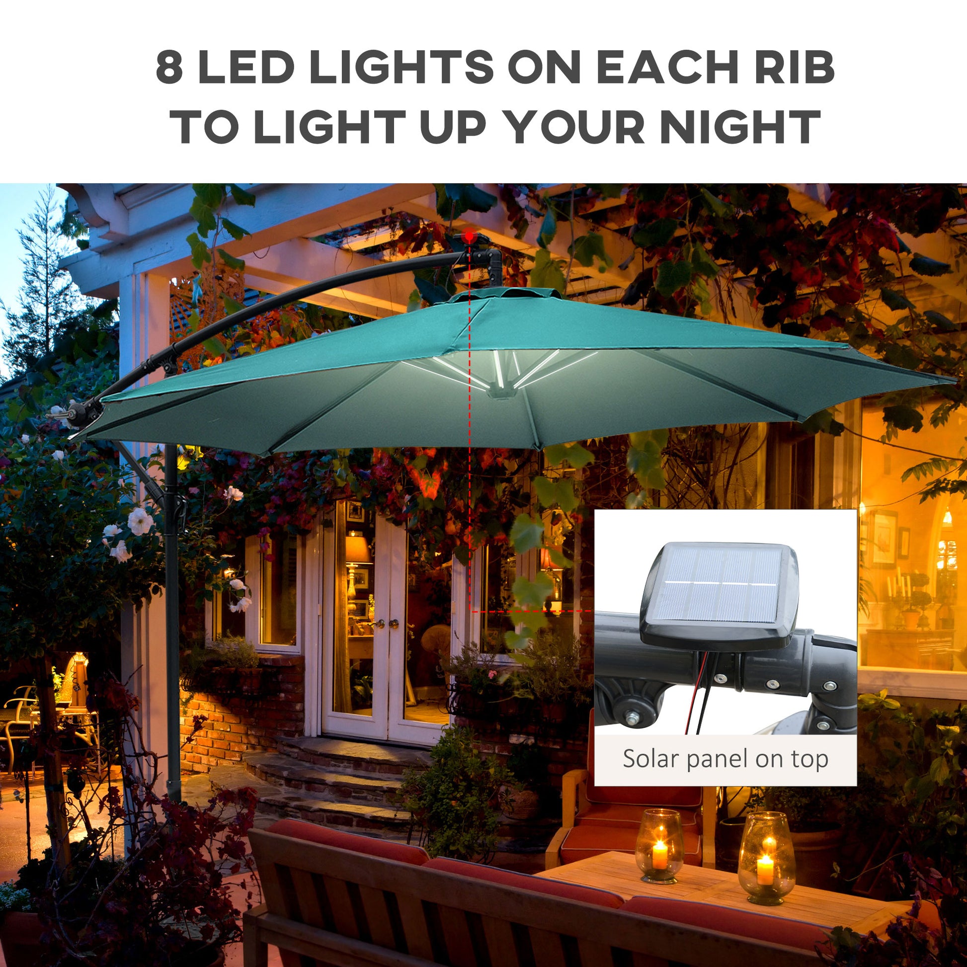 3(M) LED Patio Banana Umbrella Cantilever Parasol W/ Solar Lights Crank Handle