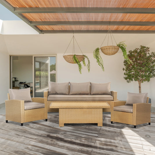 4 PCS Outdoor PE Rattan Aluminium Conversation Sofa Set W/ Table & Cushions