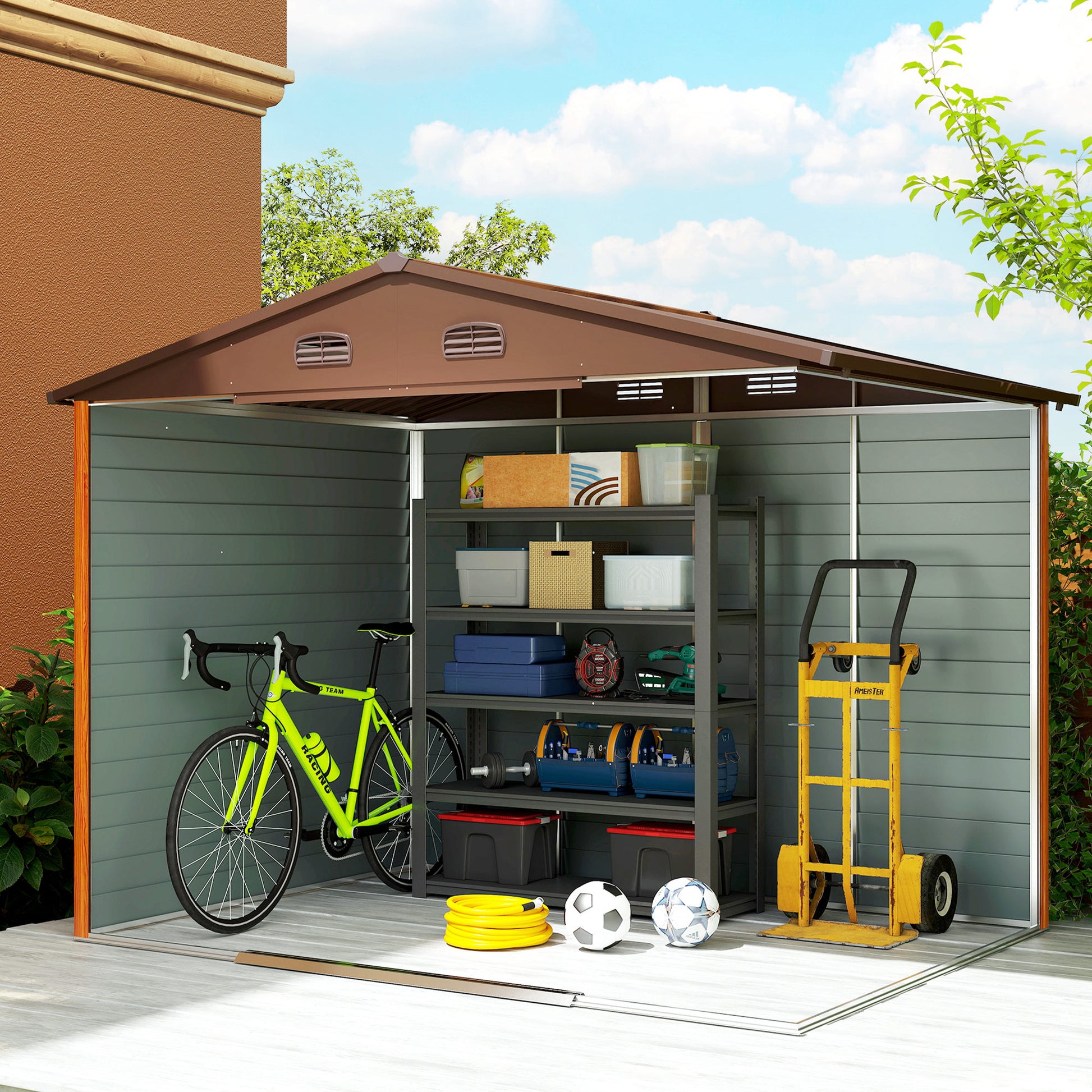 Garden Shed Tool Storage Overlap Construction Sliding Door Brown Wood Grain