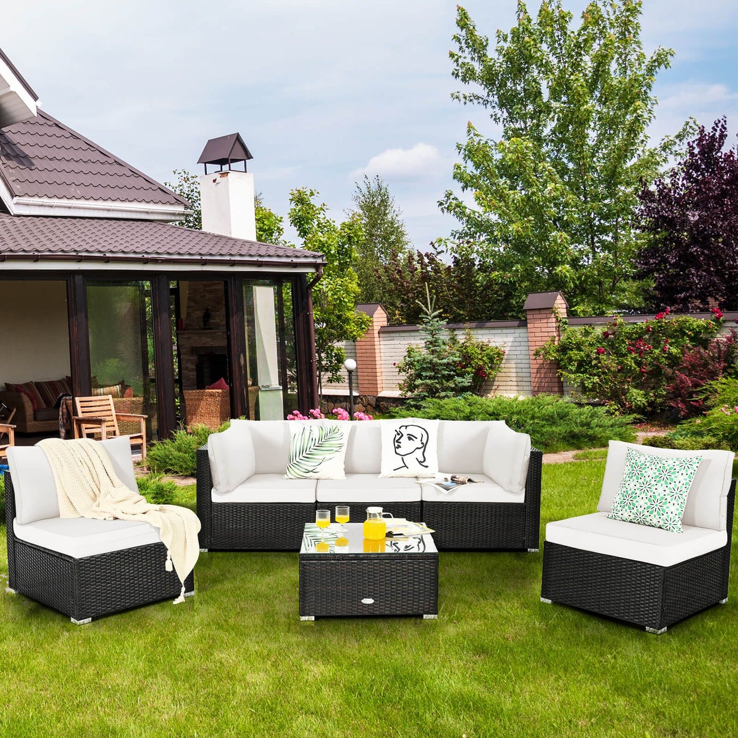 6 Piece Outdoor Rattan Sofa Set with Soft Seat and Back Cushions