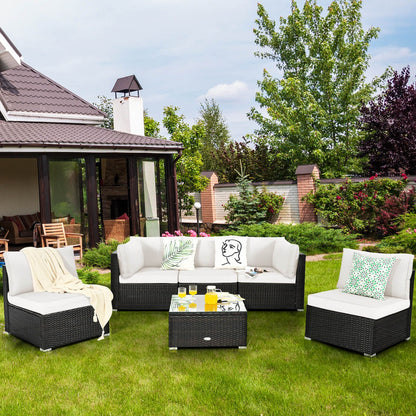 6 Piece Outdoor Rattan Sofa Set with Soft Seat and Back Cushions