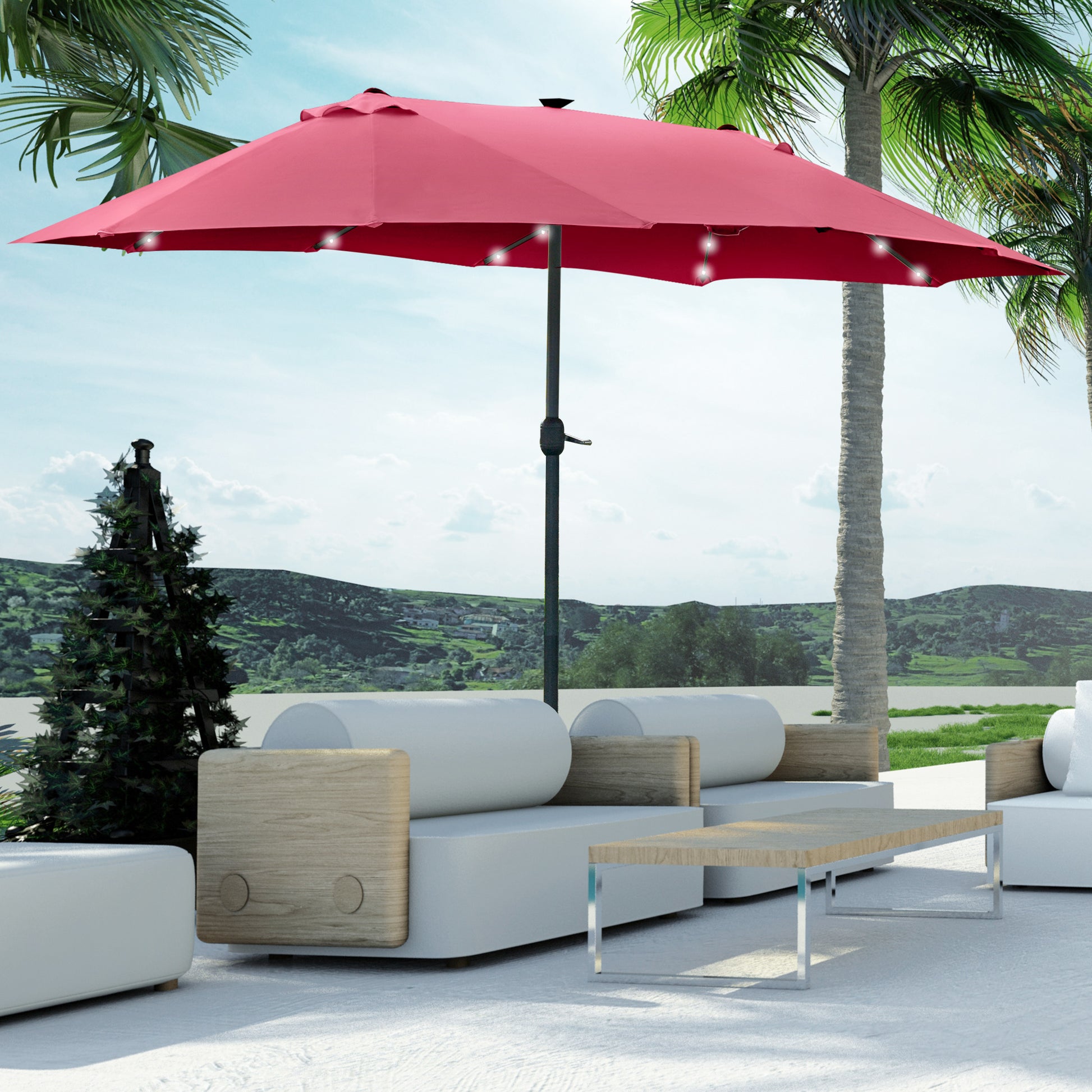 4.4M Double-Sided Sun Umbrella Patio Parasol with LED Solar Lights for Garden
