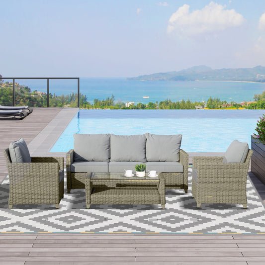 4 Pieces Patio PE Rattan Wicker Sofa Set, Outdoor Conversation Furniture Set