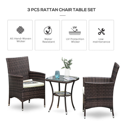 Outsunny Rattan Bistro Set Cushion Patio Garden Chair Table Brown UV Resistant