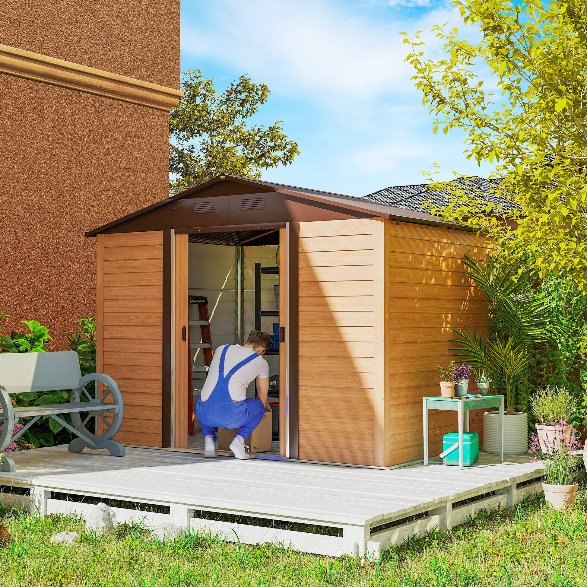 Garden Shed Tool Storage Overlap Construction Sliding Door Brown Wood Grain