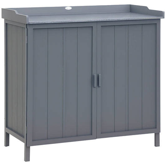 Outsunny Garden Storage Cabinet Potting Bench Table with Galvanized Top, Grey