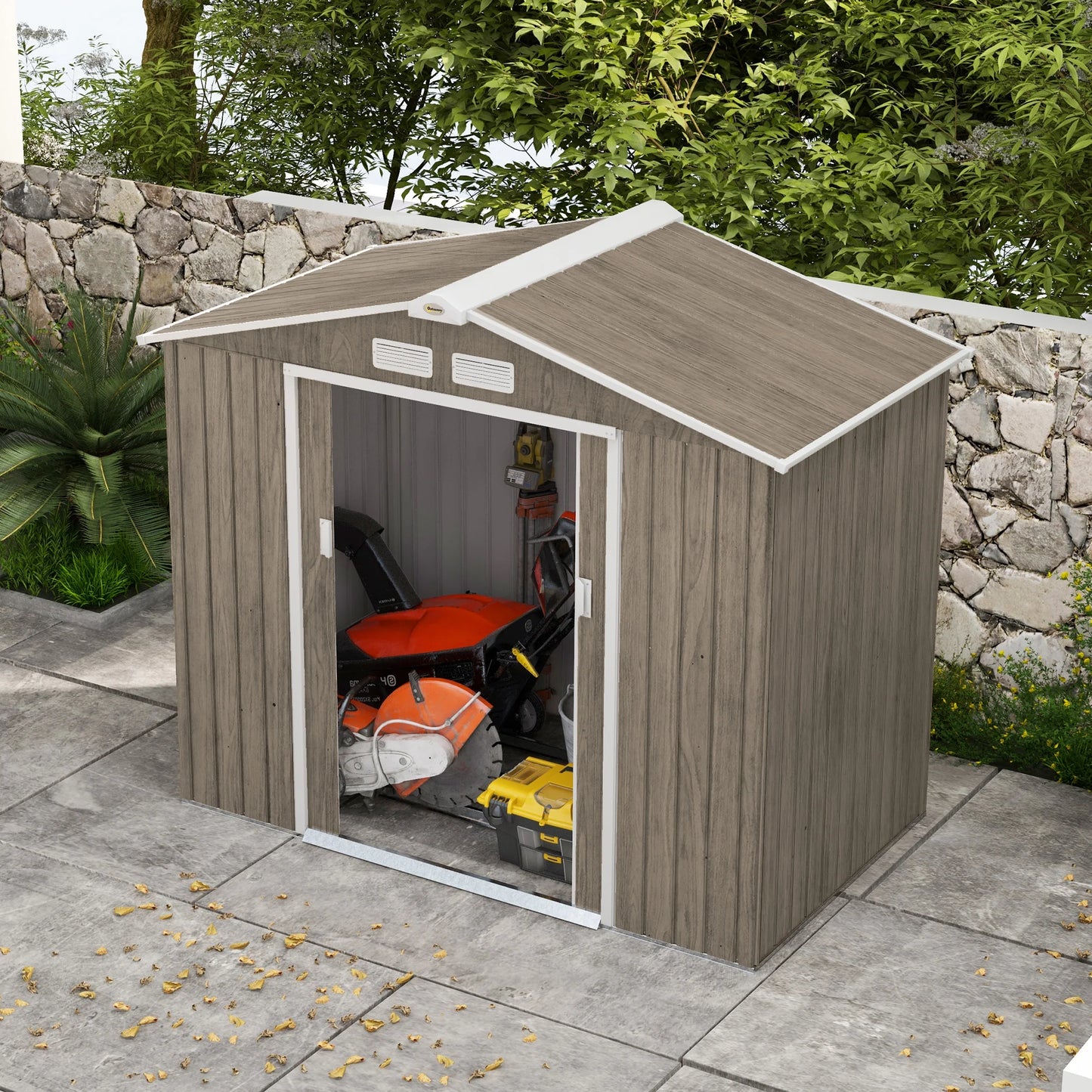 7 X 4Ft Garden Shed Storage with Locking Door and Foundation Kit, Light Brown