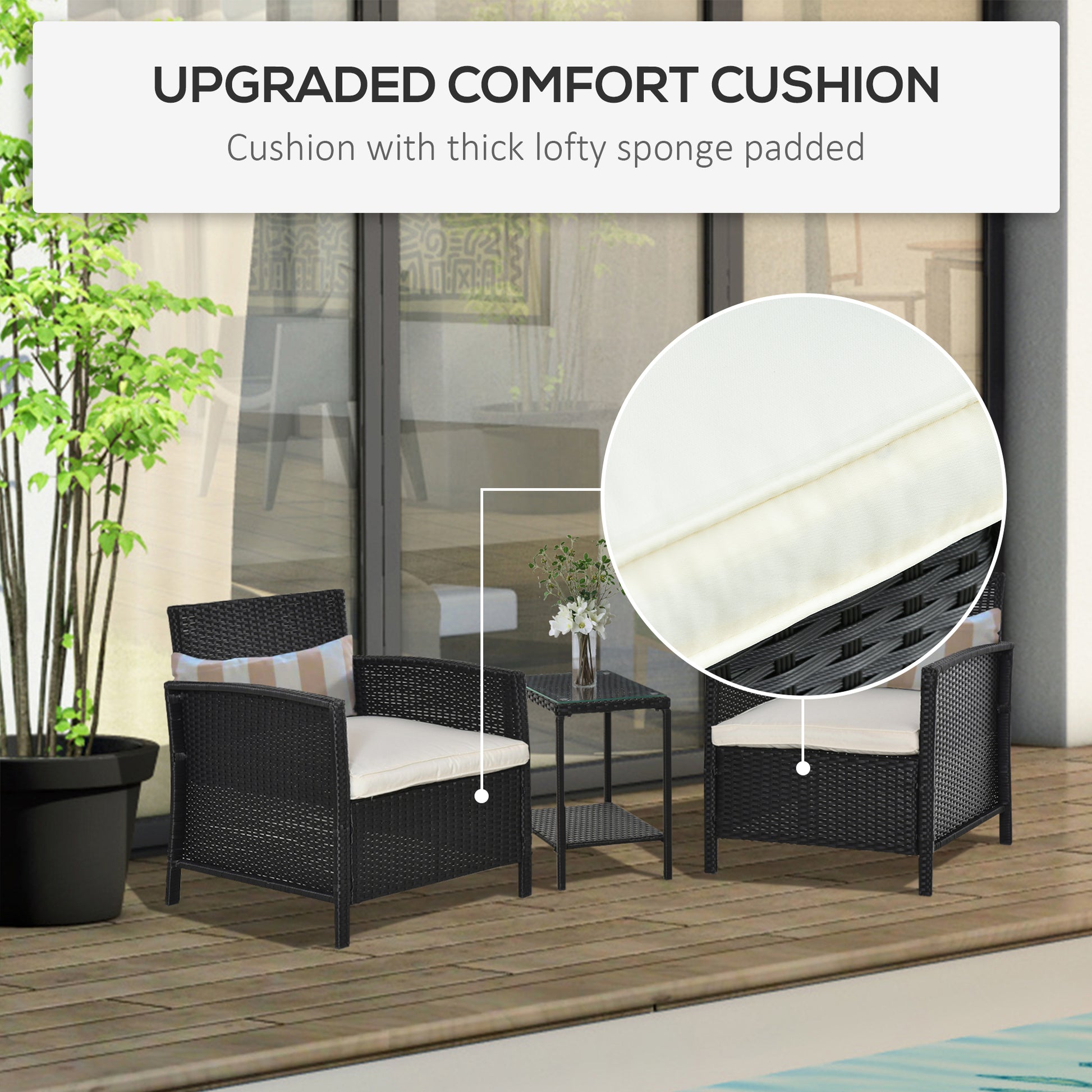 3 Pcs Rattan Outdoor Patio Set 2 Cushioned Single Sofa Coffee Table Conservatory