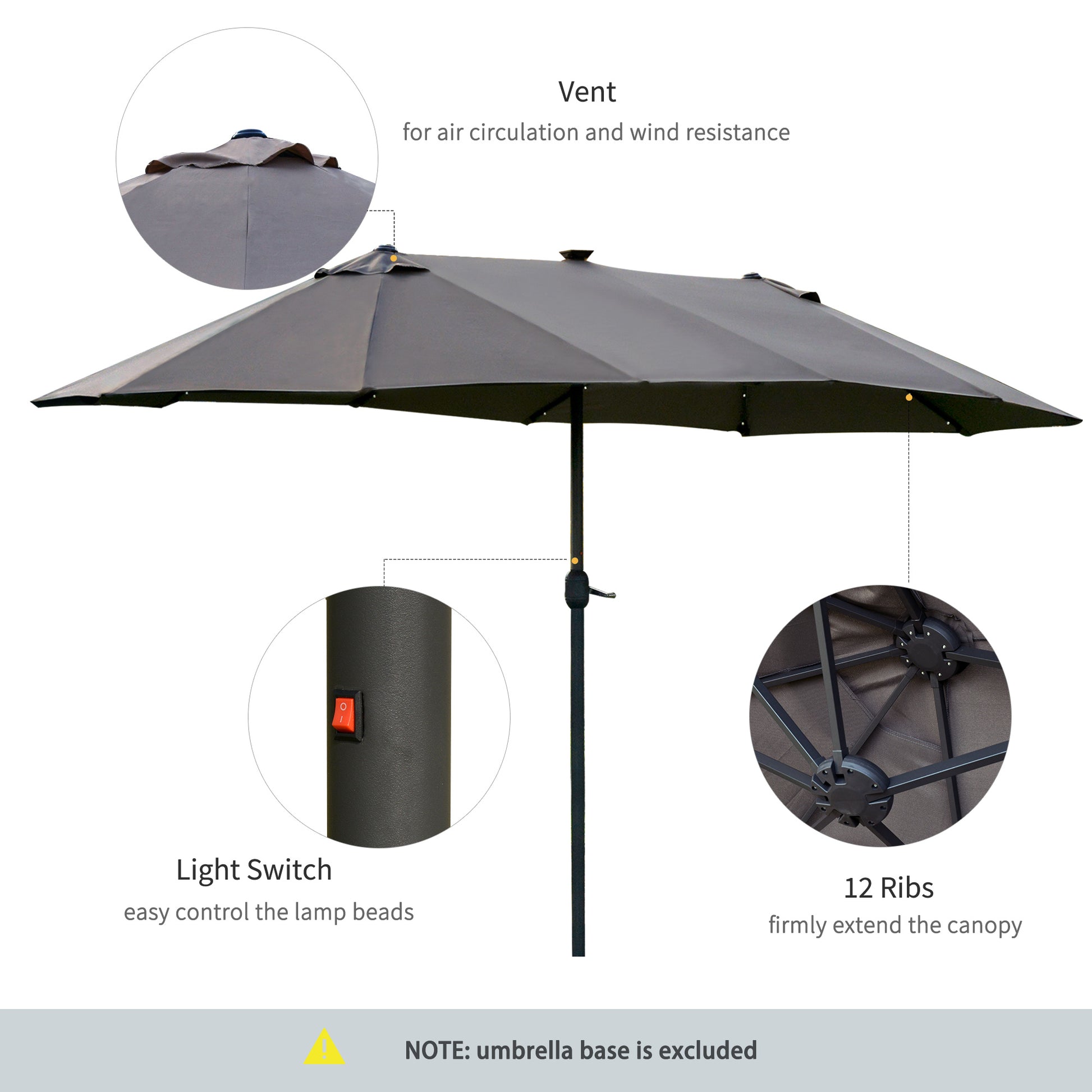 4.4M Double-Sided Sun Umbrella Patio Parasol with LED Solar Lights for Garden