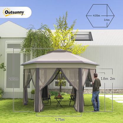 Hexagon Patio Gazebo Garden Shelter Heavy-Duty Double Roof W/ Mesh, 3 X 4M