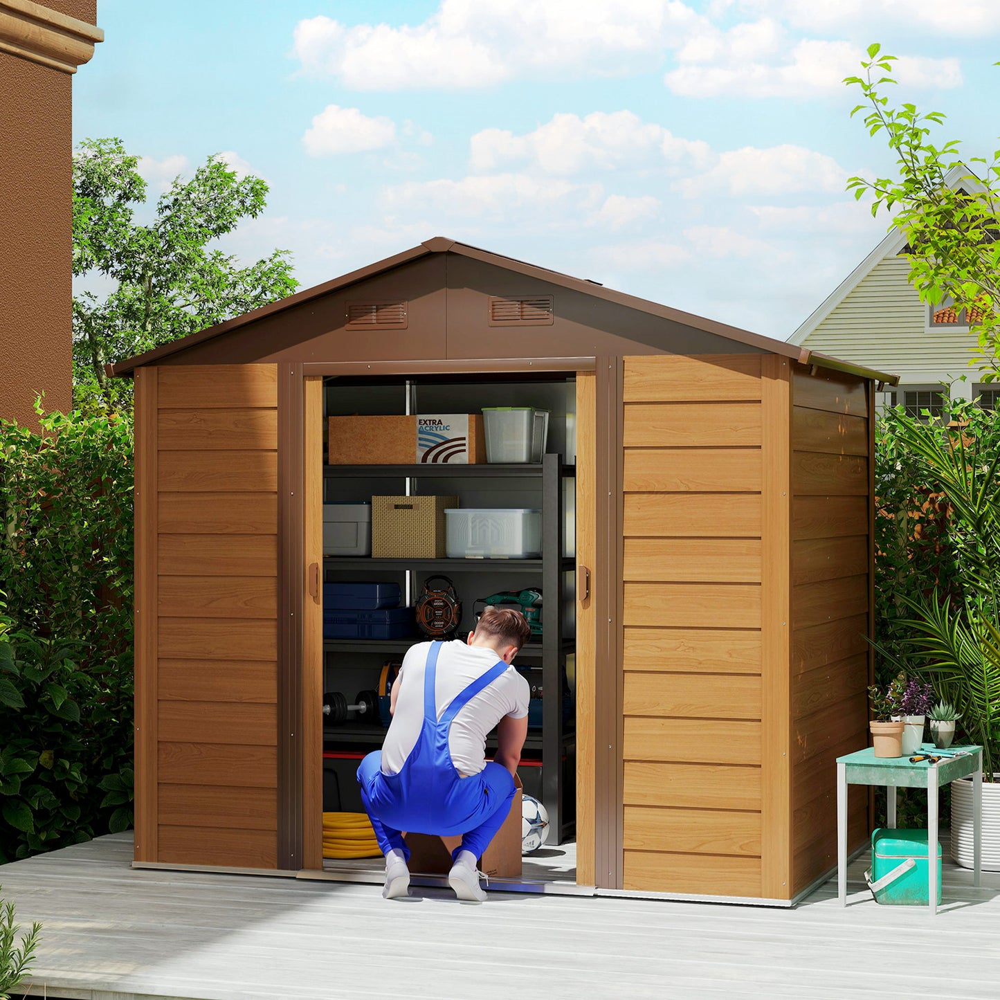 Garden Shed Tool Storage Overlap Construction Sliding Door Brown Wood Grain