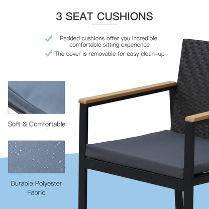 4 Pcs PE Rattan Furniture Set W/ 3 Cushioned Chairs Glass Tabletop Table, Black