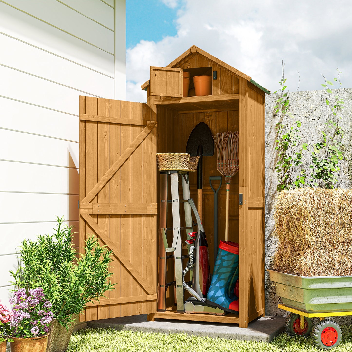 Garden Storage Shed 3 Shelves Tool House W/ Asphalt Roof 77 X 54 X 179 Cm
