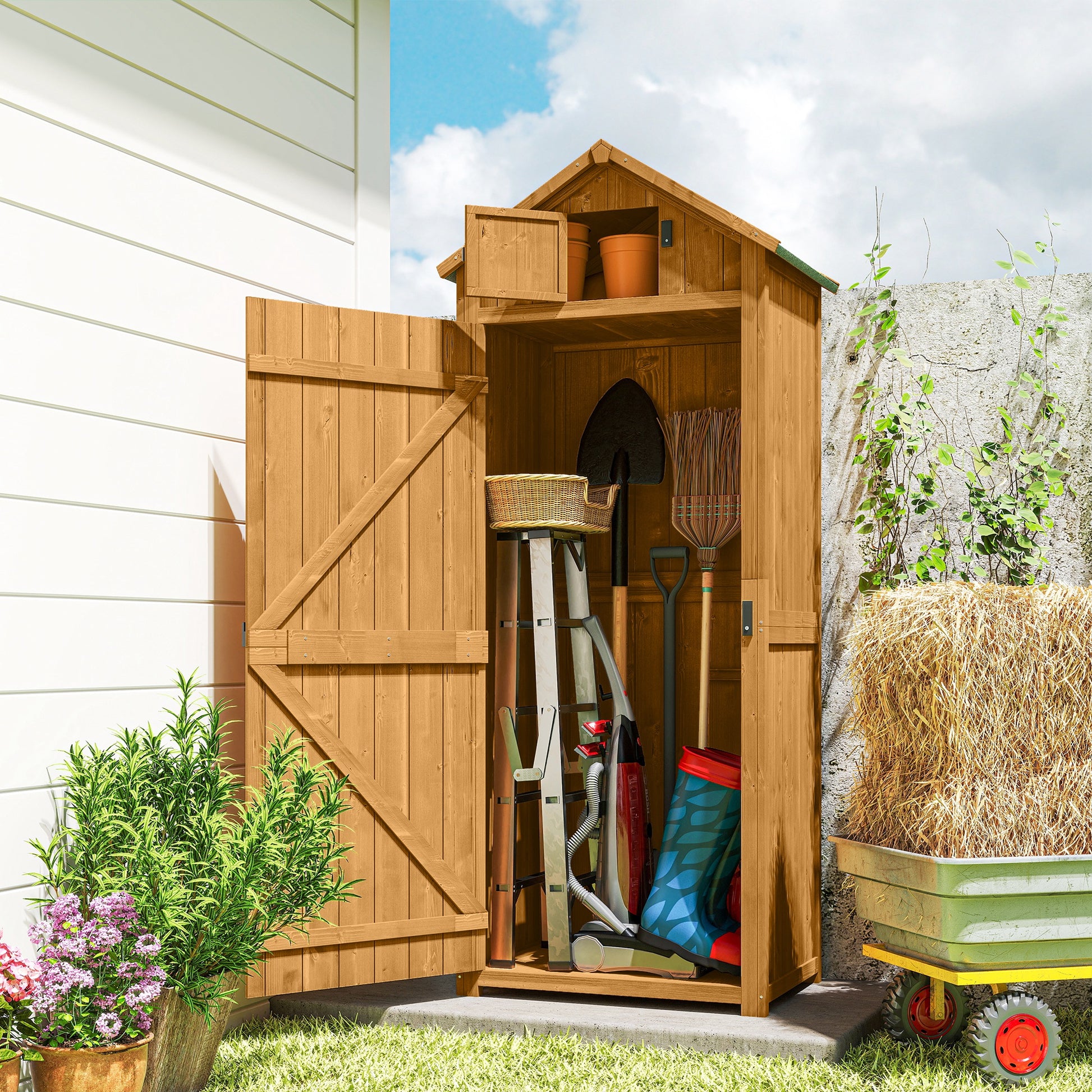 Garden Storage Shed 3 Shelves Tool House W/ Asphalt Roof 77 X 54 X 179 Cm