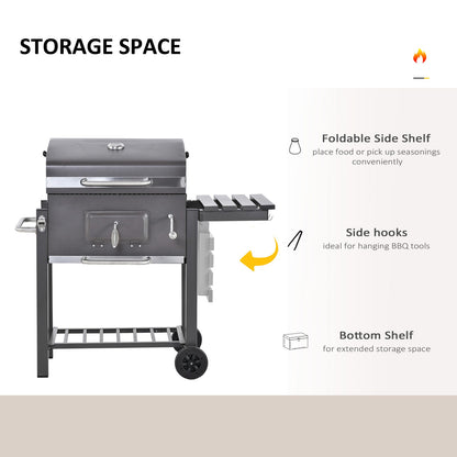 Charcoal Grill BBQ Trolley Wheels Garden Metal Barbecue W/ Shelf Grey
