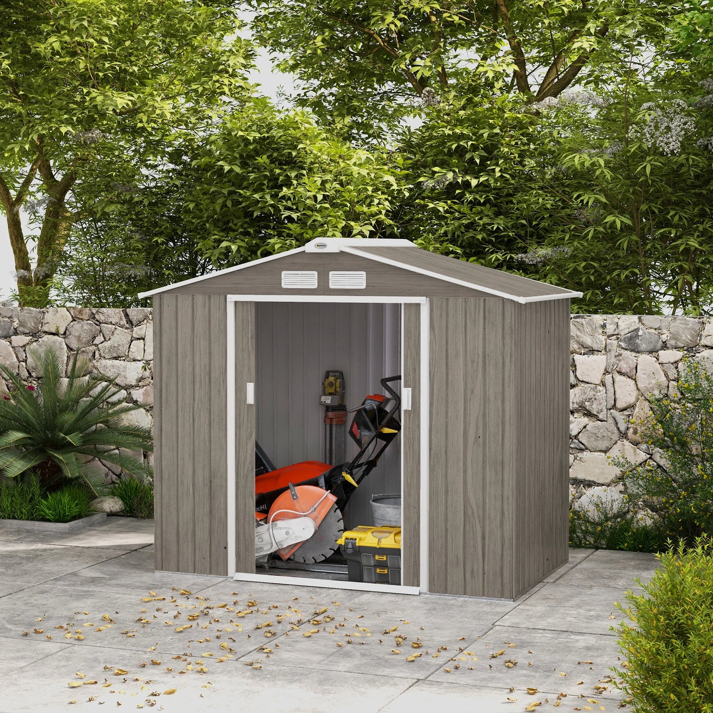 7 X 4Ft Garden Shed Storage with Locking Door and Foundation Kit, Light Brown