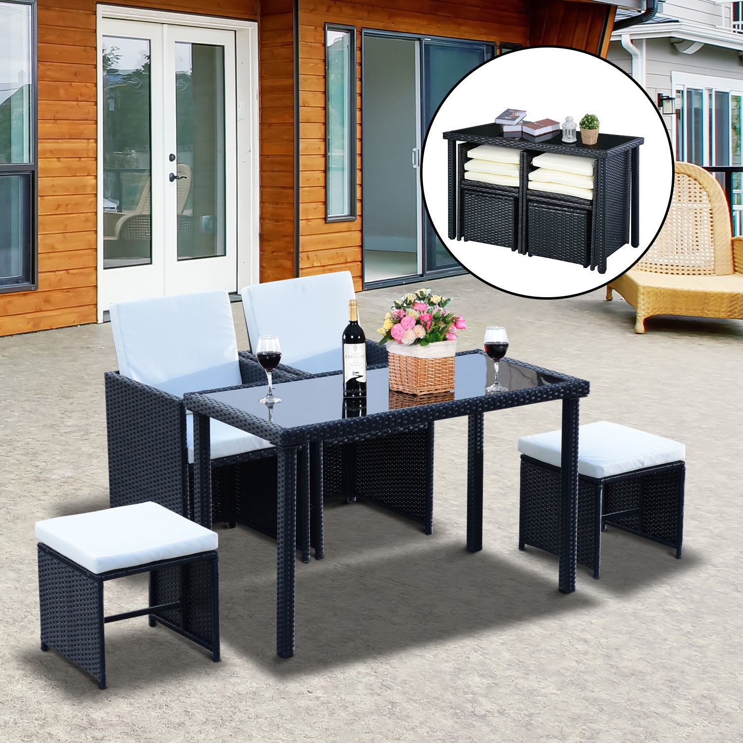 5 Pcs Rattan Garden Sofa Set Wicker Furniture Set with Cushion Footrest