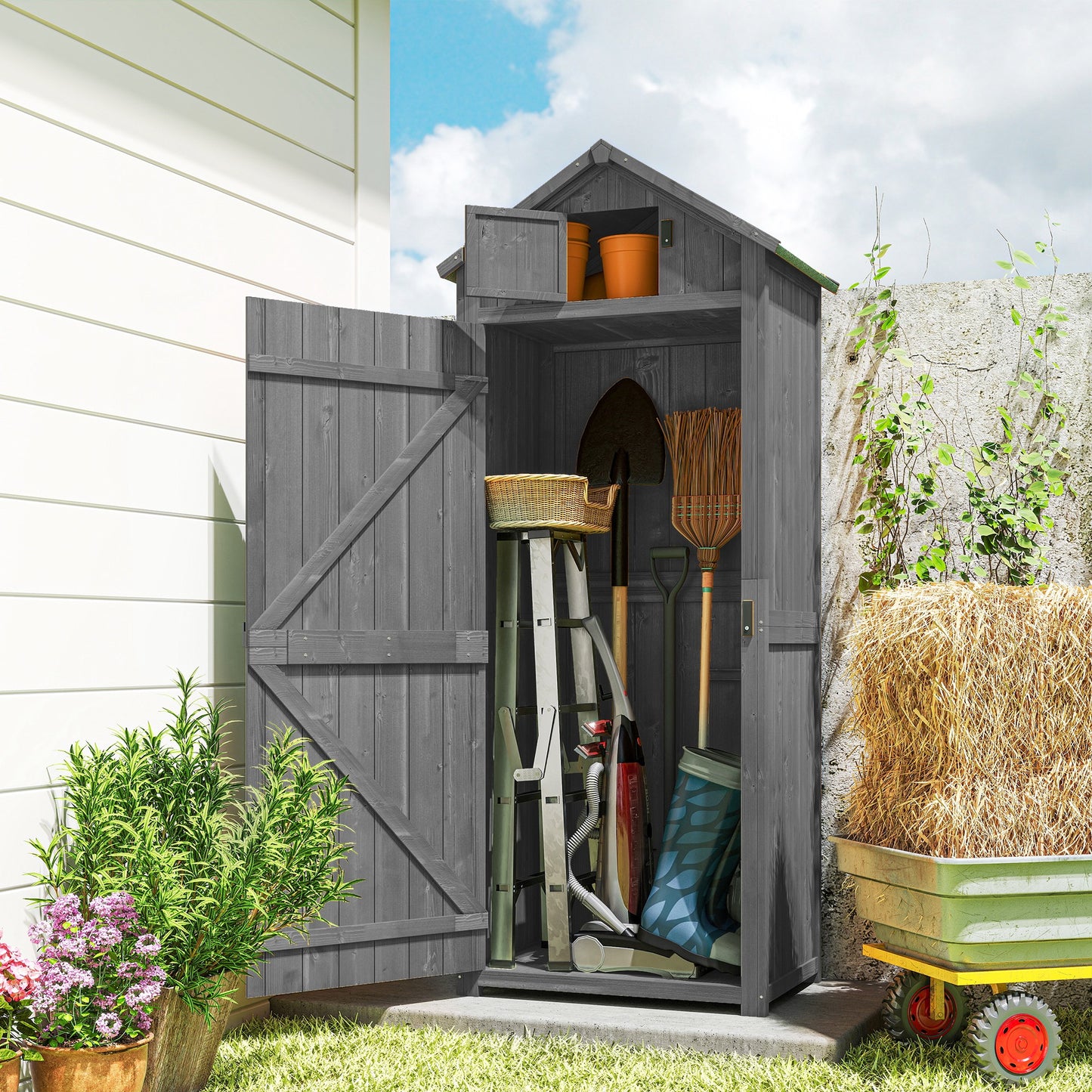 Garden Storage Shed 3 Shelves Tool House W/ Asphalt Roof 77 X 54 X 179 Cm