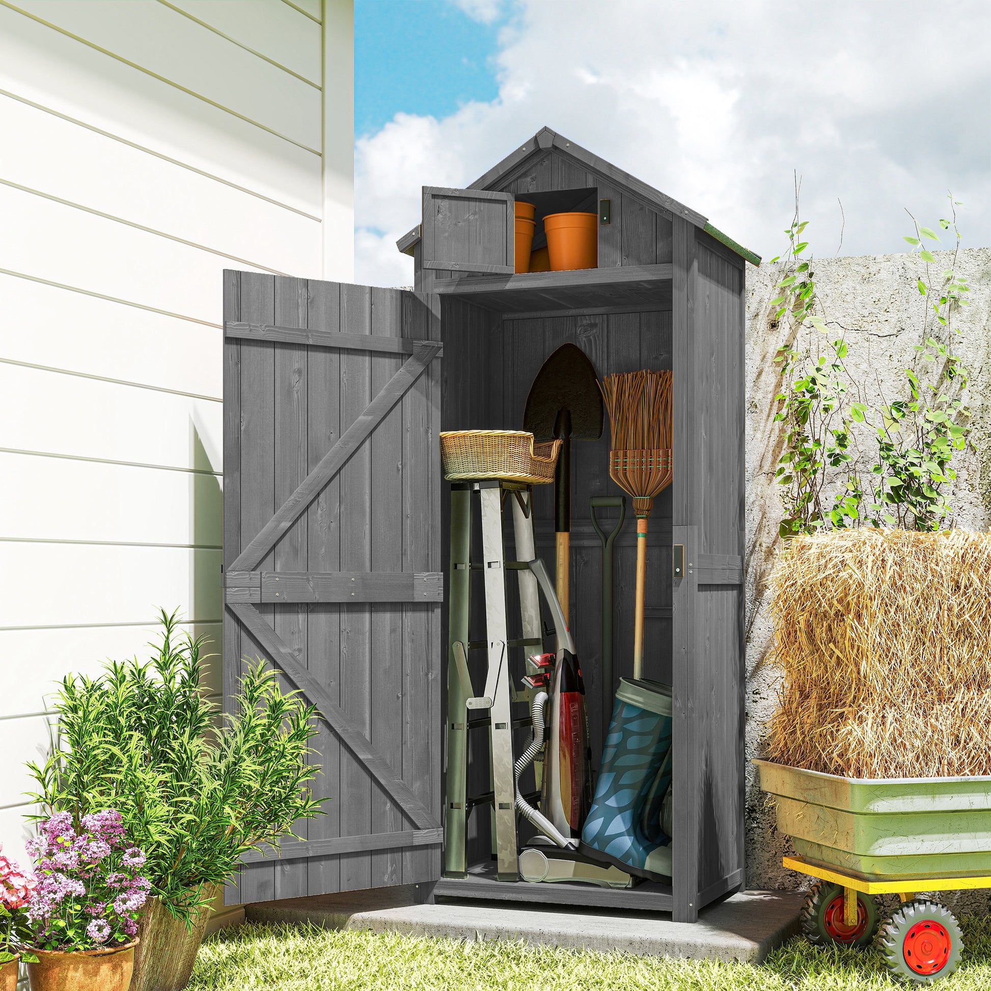 Garden Storage Shed 3 Shelves Tool House W/ Asphalt Roof 77 X 54 X 179 Cm