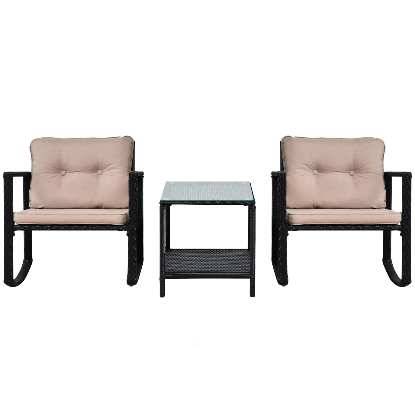 3Pcs Rattan Rocking Set Patio Bistro Table Chairs Conversation W/ Cushion
