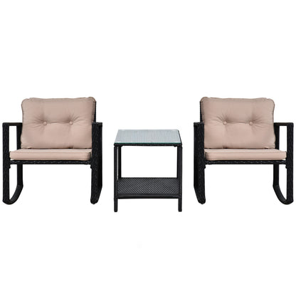 3Pcs Rattan Rocking Set Patio Bistro Table Chairs Conversation W/ Cushion