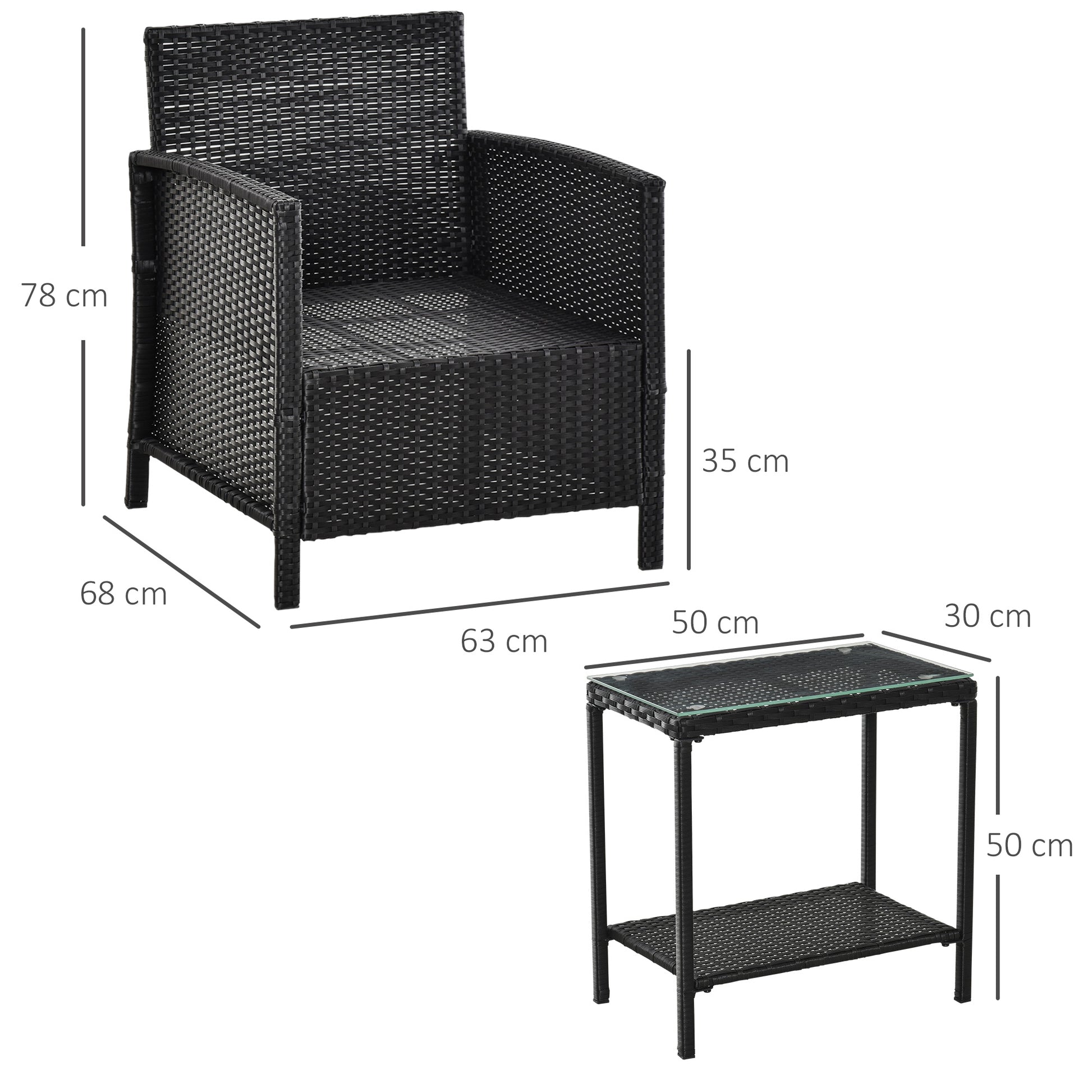 3 Pcs Rattan Outdoor Patio Set 2 Cushioned Single Sofa Coffee Table Conservatory