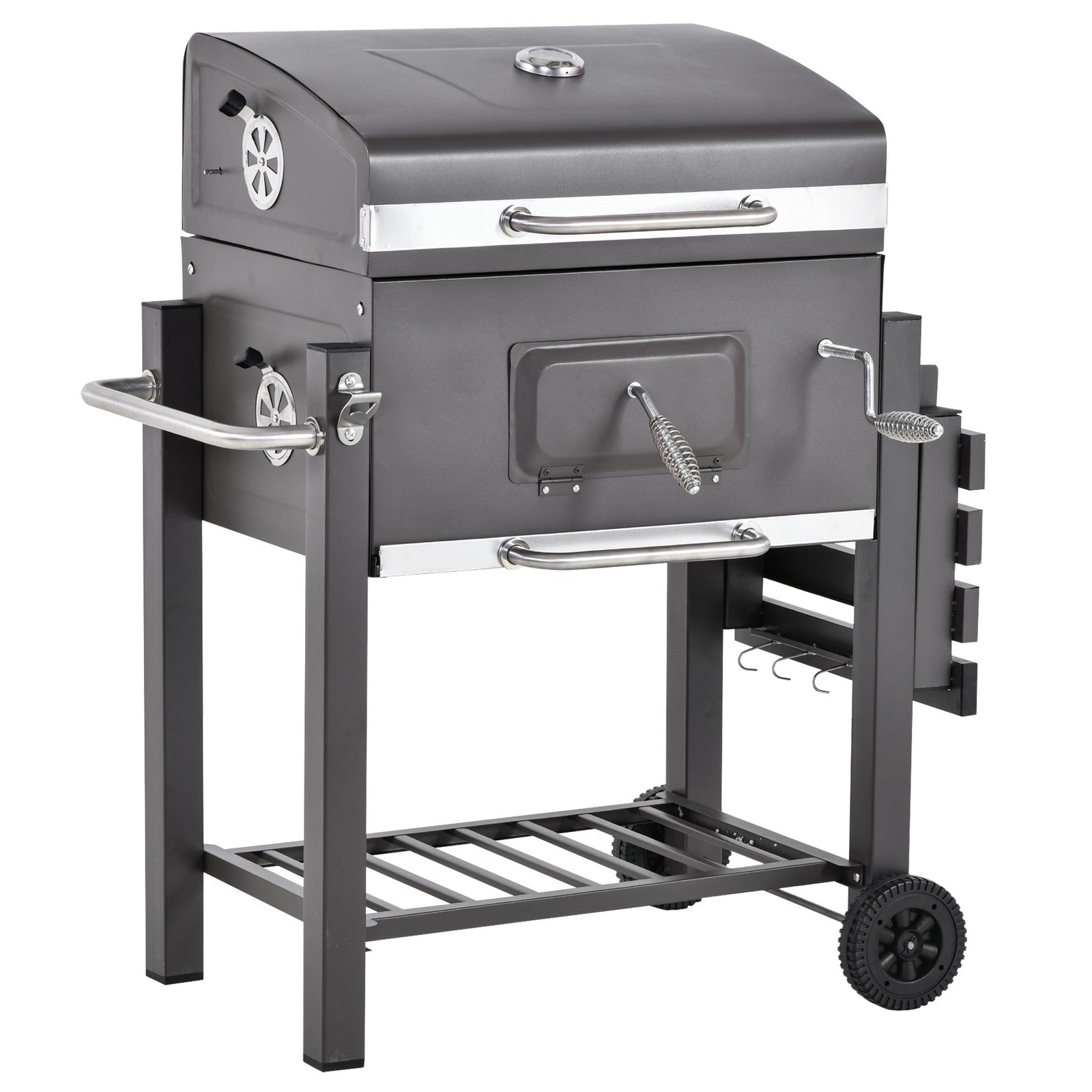 Charcoal Grill BBQ Trolley Wheels Garden Metal Barbecue W/ Shelf Grey